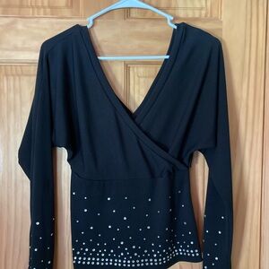 Black Long Sleeve Deep V Neck back and front embellished shirt
